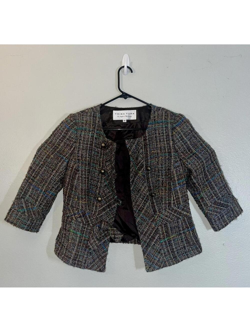 Trina Turk Women’s Size 8 Wool Blend Tweed Blazer Bow Detail Made in USA 🇺🇸